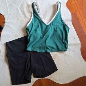 all in motion Green V-Neck Crop Tank with White Trim
